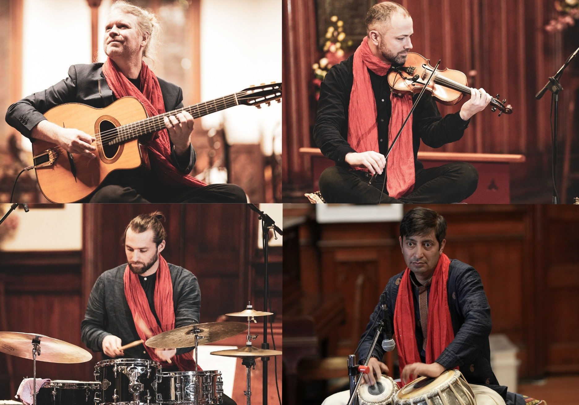 Shades of Shakti are (clockwise from top left) guitarist Justin Clarke, violinist Tristan Carter,...