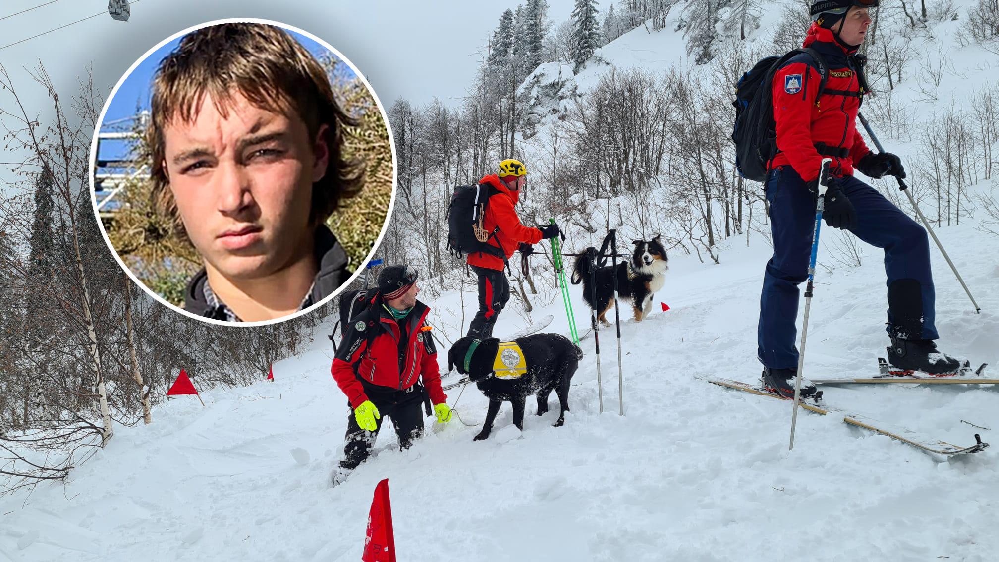 Mountain rescue team personnel search for skiers and snowboarders caught in an avalanche in the...