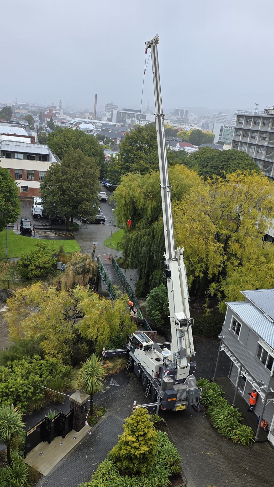 A crane has been deployed to help with clean up after a tree fell on a footbridge over the Water...