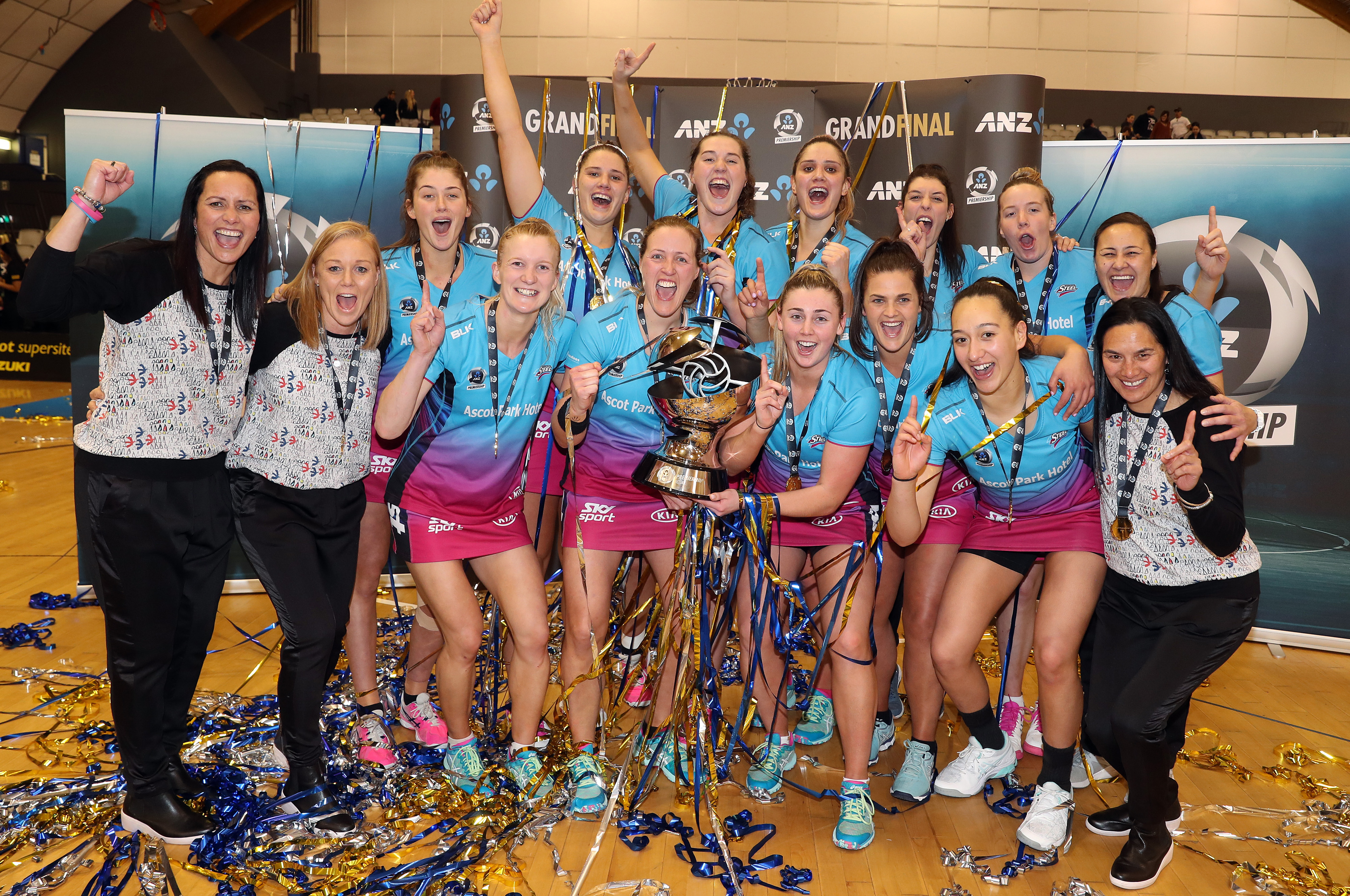 The Southern Steel celebrate winning the ANZ Premiership grand final. Photo: Michael Bradley