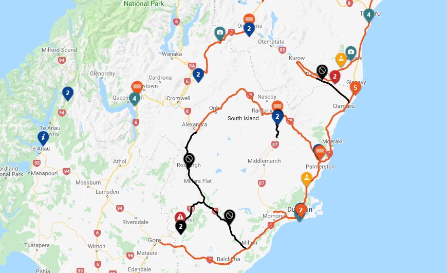 Highway closures (in black) as at 8pm on Tuesday. Image: NZTA