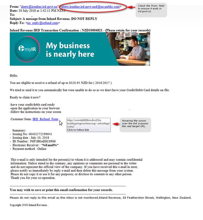 An example of the scam email. Photo: Supplied via NZ Herald