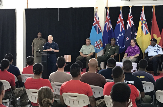 Acting Warrant Officer Samnatha Marra speaking (7 May) at the official opening of the course...