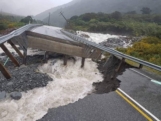 Bridge collapse at Goat Creek on State Highway 17 just east of Otira. Photo: Supplied via NZ Herald