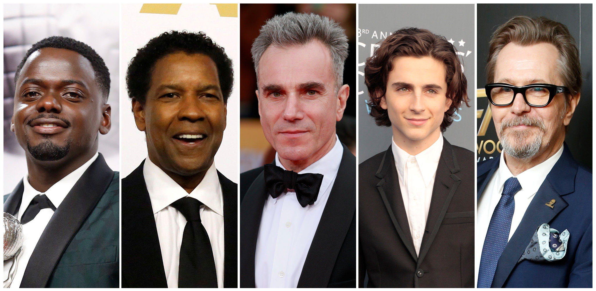 Nominees for Leading Actor are (from left): Daniel Kaluuya, Denzel Washington, Daniel Day-Lewis,...