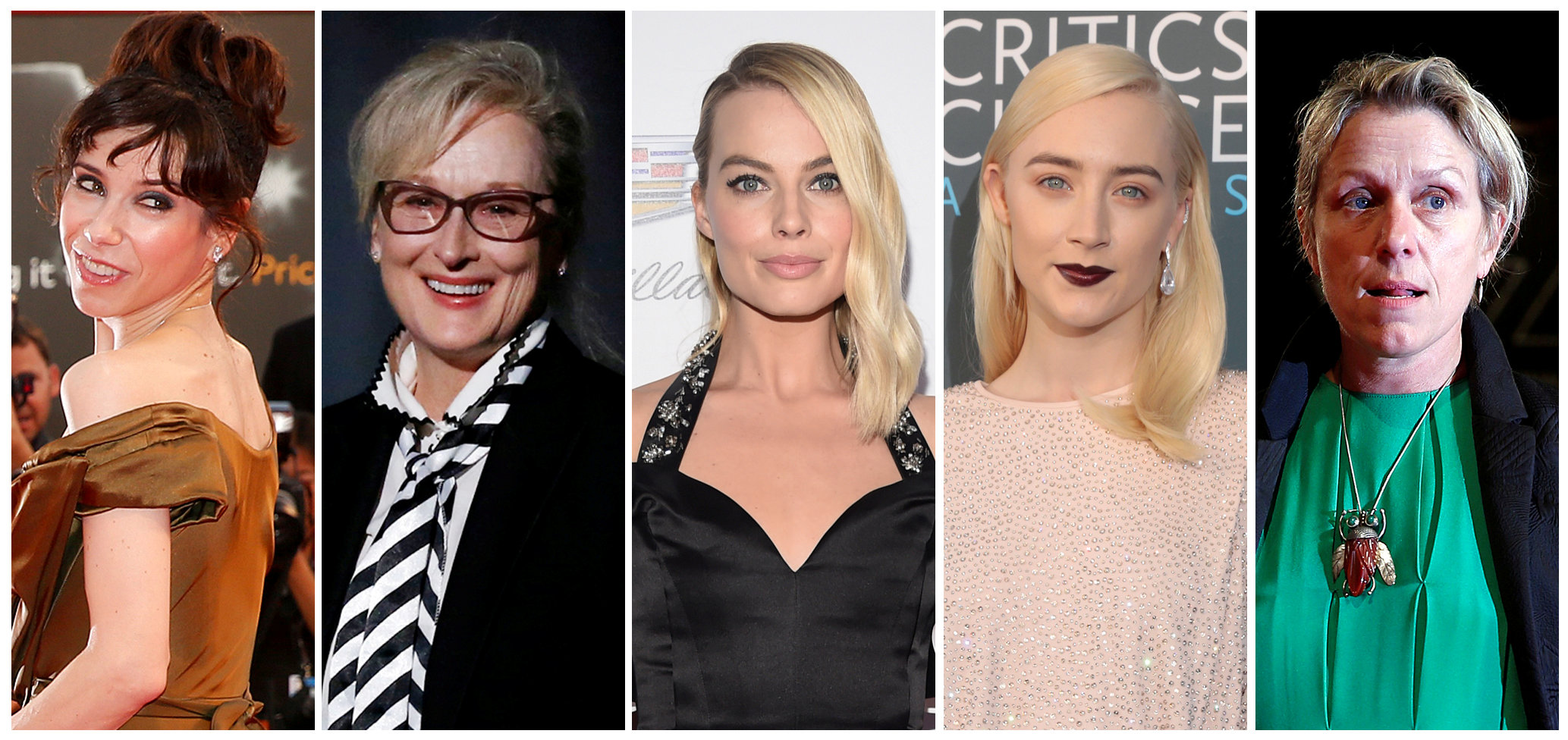 Nominees for Best Actress are (from left): Sally Hawkins, Meryl Streep, Margot Robbie, Saoirse...