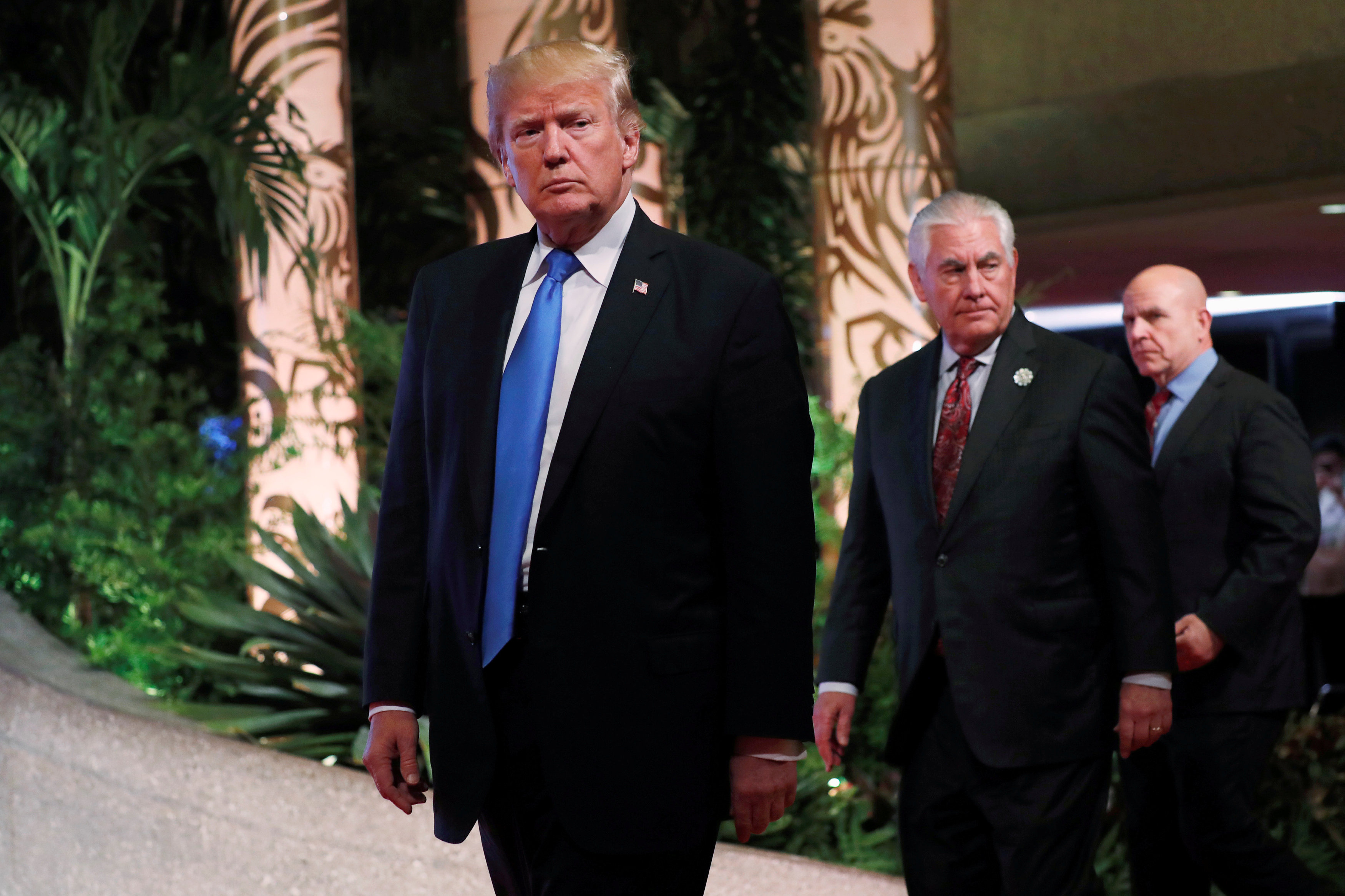 From left: Donald Trump with Rex Tillerson and H.R. McMaster. Photo: Reuters 