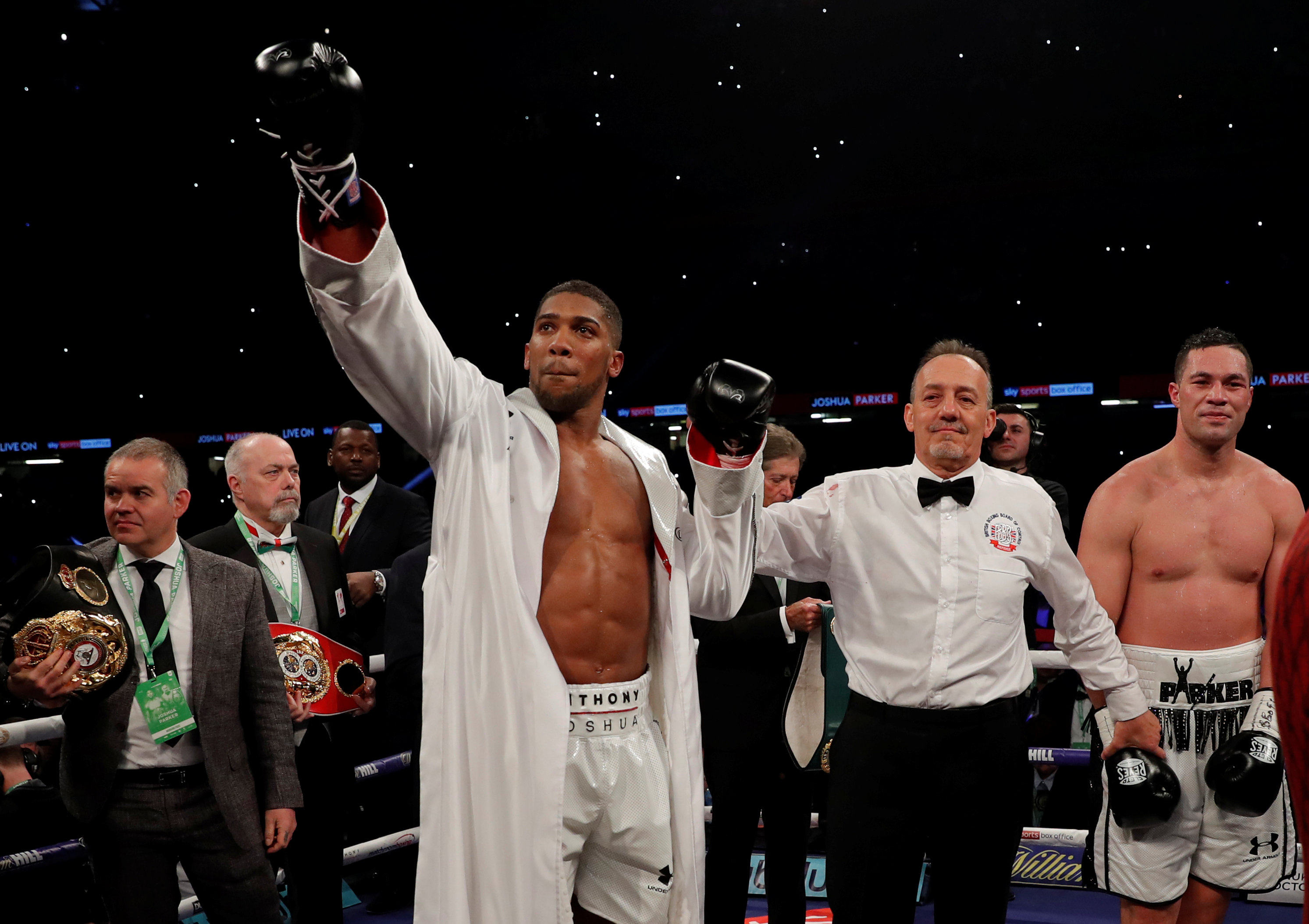 Anthony Joshua celebrates after winning the bout in Cardiff. Photo: Action Images via Reuters 