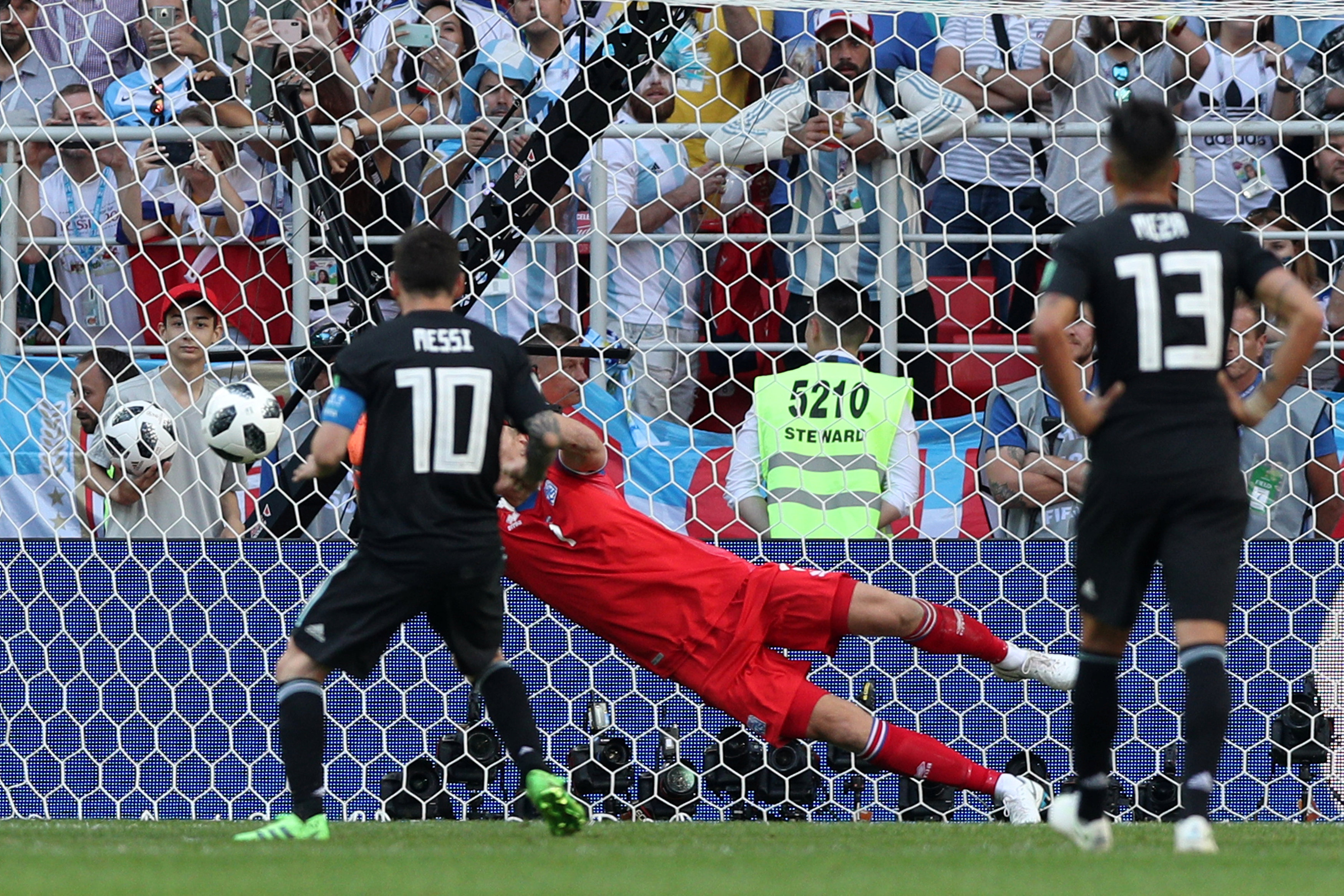  Iceland keeper Hannes Por Halldorsson saves Lionel Messi's penalty at the match in Moscow. Photo...