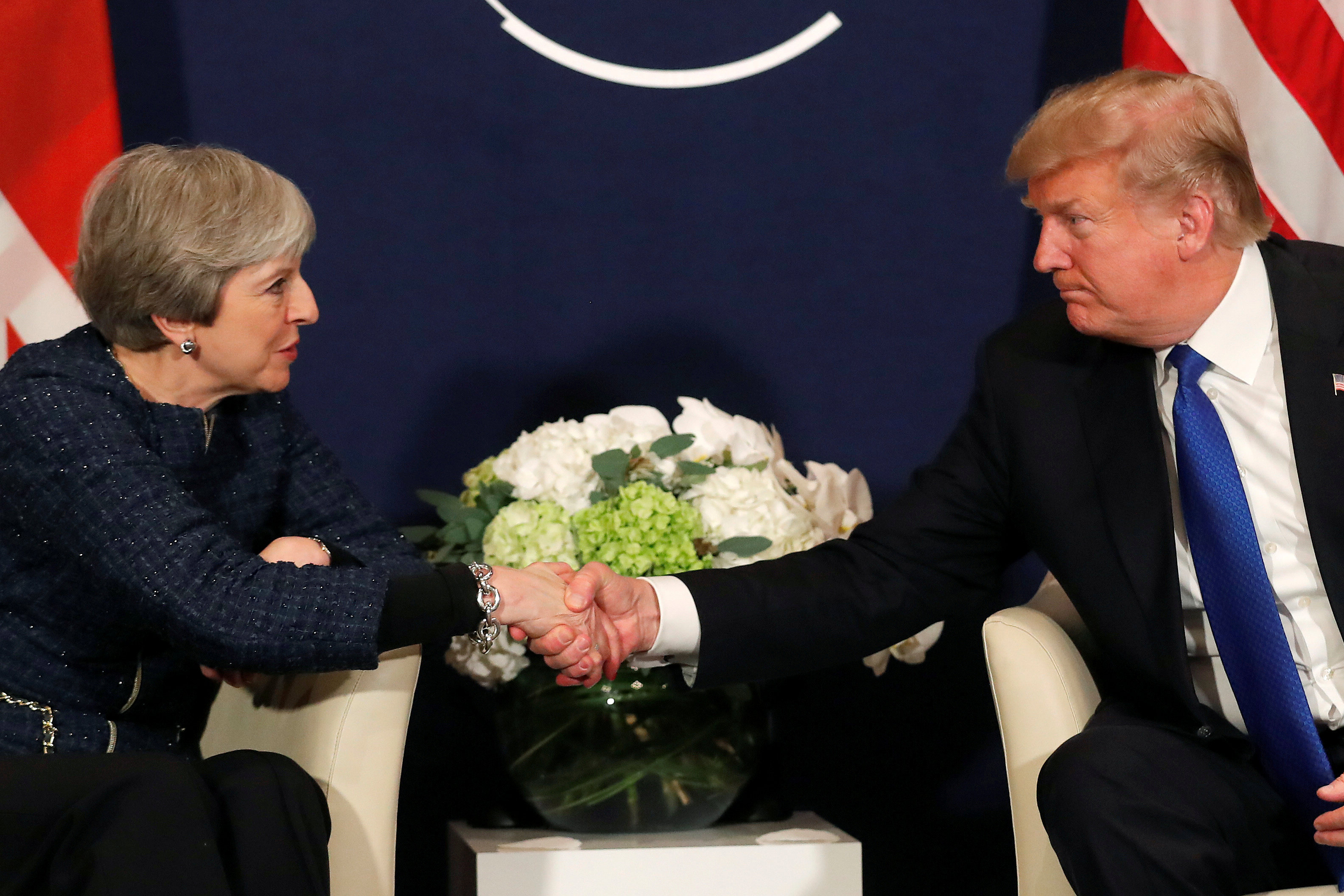 Theresa May and Donald Trump at the World Economic Forum meeting in Switzerland in January. Photo...