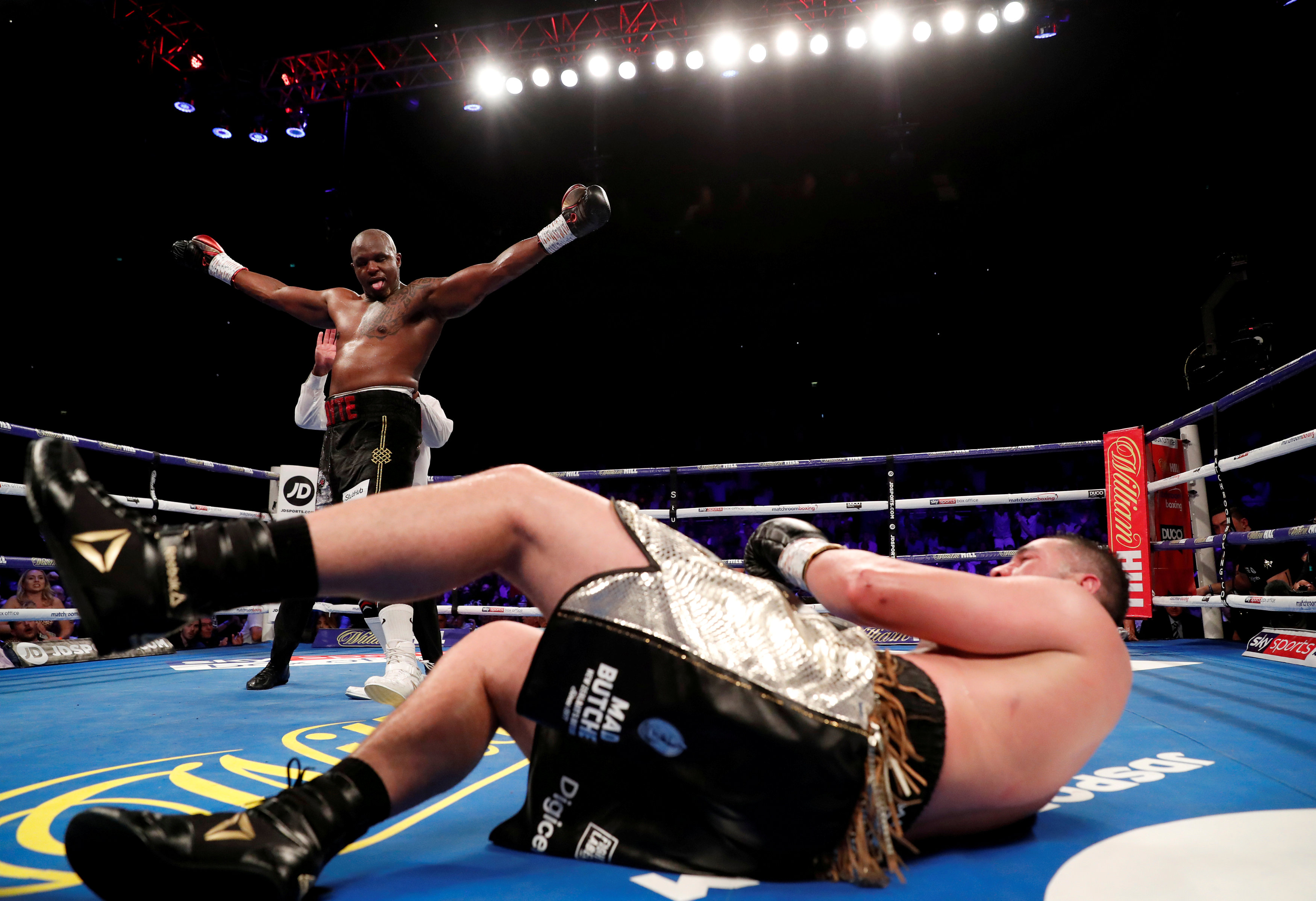 Dillian Whyte reacts after knocking down Joseph Parker in London. Photo: Action Images via Reuters