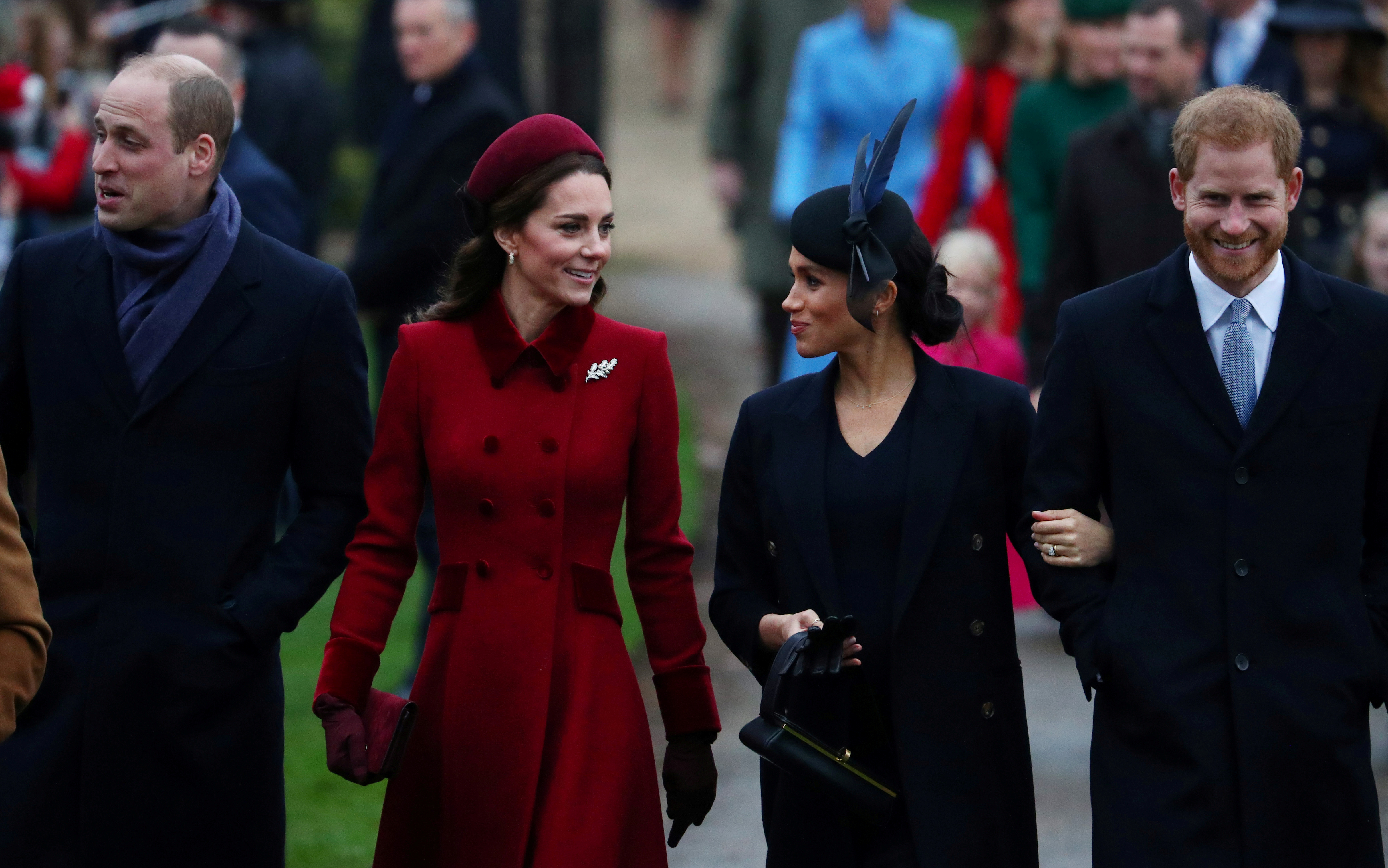 From left: Prince William and Kate, Duchess of Cambridge, with Meghan,  Duchess of Sussex and...