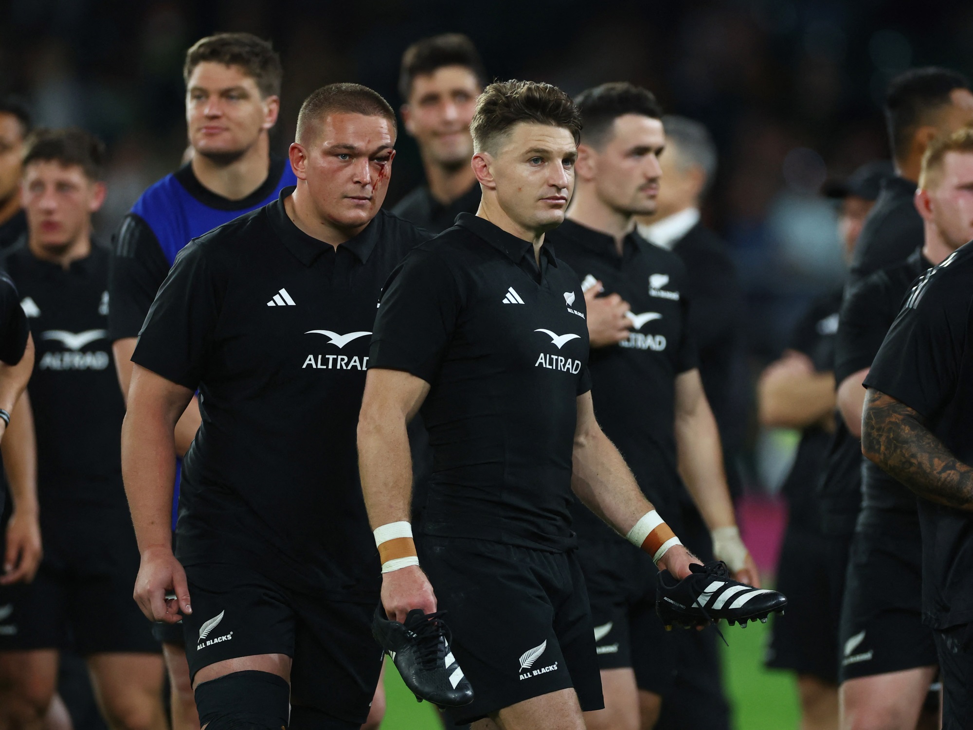 Ethan de Groot (left) and Beauden Barrett look dejected as South Africa lift the Qatar Airways...