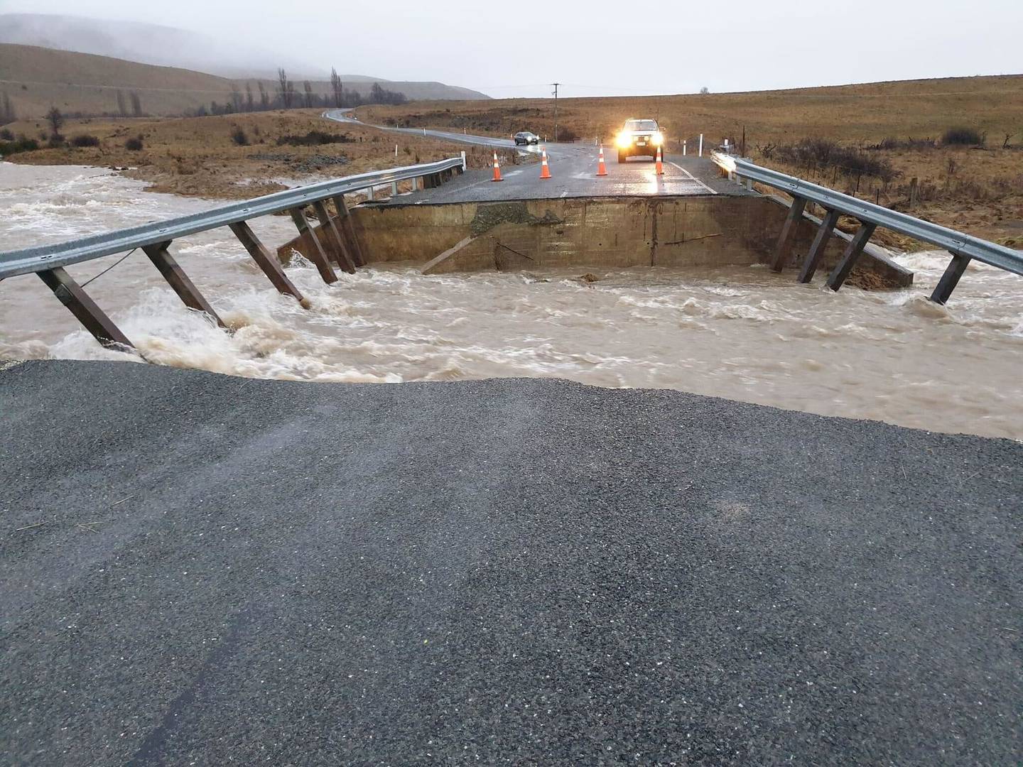 The bridge washout on Lake Ohau Rd on Tuesday morning. Photo: George Heard