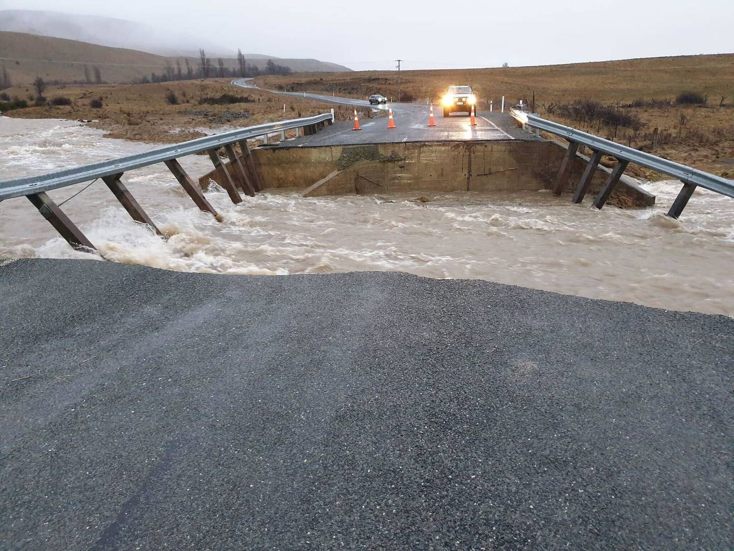 The washout on the road to Lake Ohau yesterday. Photo: Supplied via NZ Herald