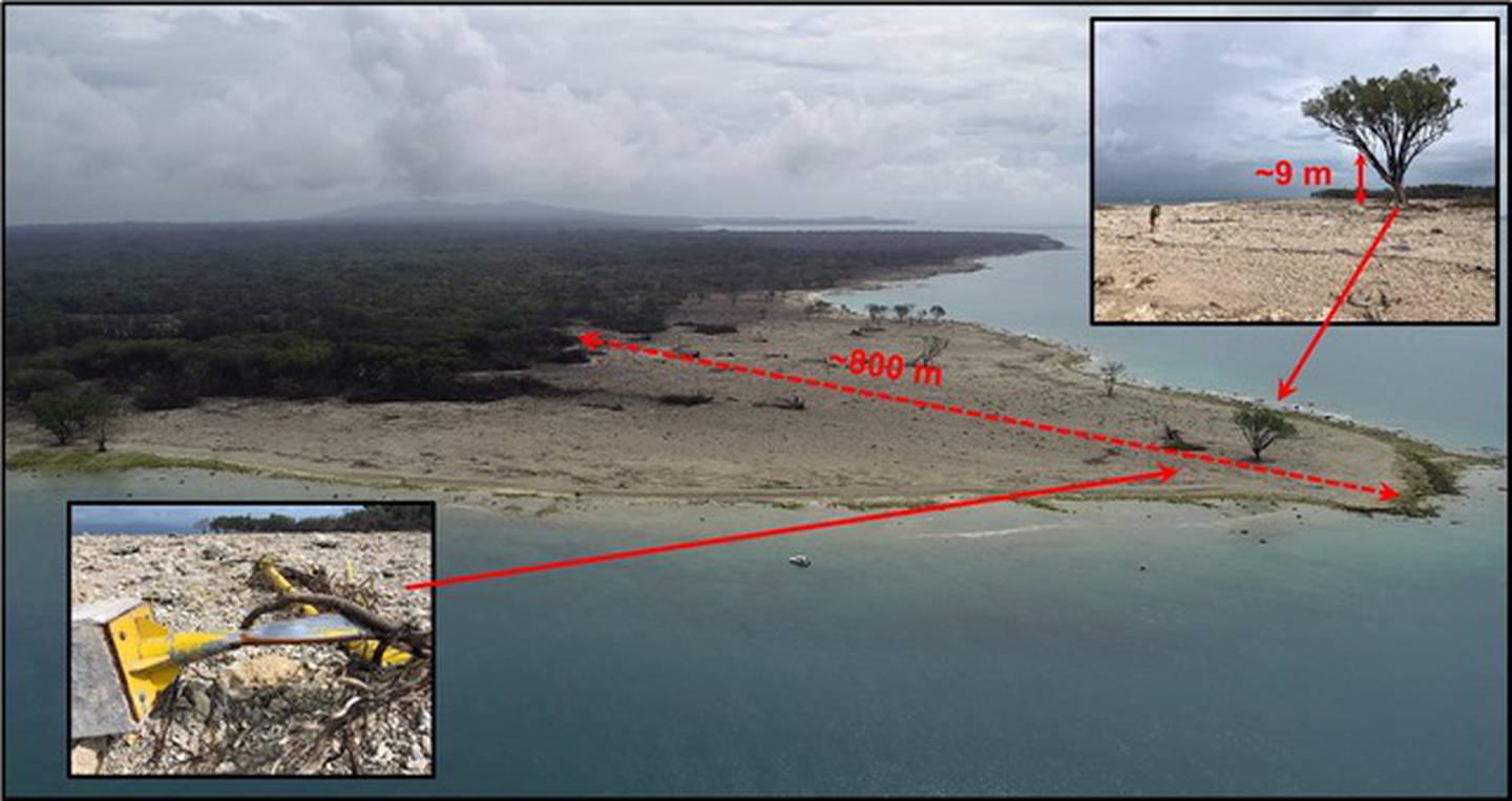 This image shows the tsunami's run-up depth at the northern tip of Ujung Kulon island, along with...