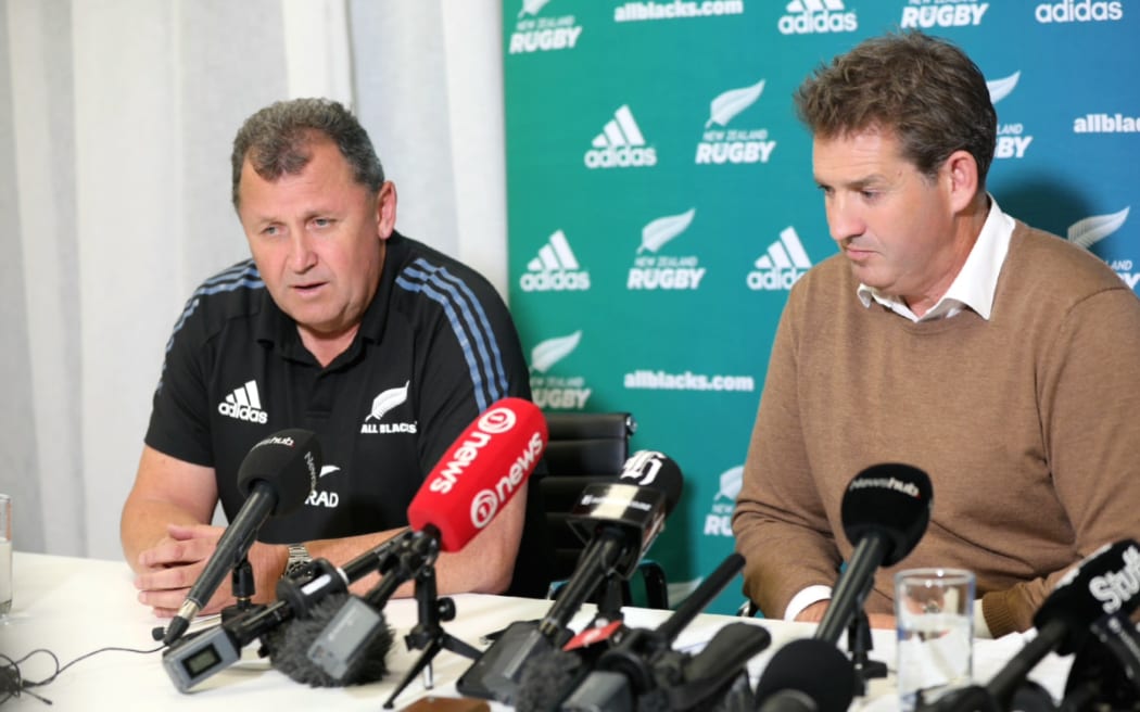 All Blacks head coach Ian Foster (left) at the NZ Rugby media conference this afternoon. Photo: RNZ