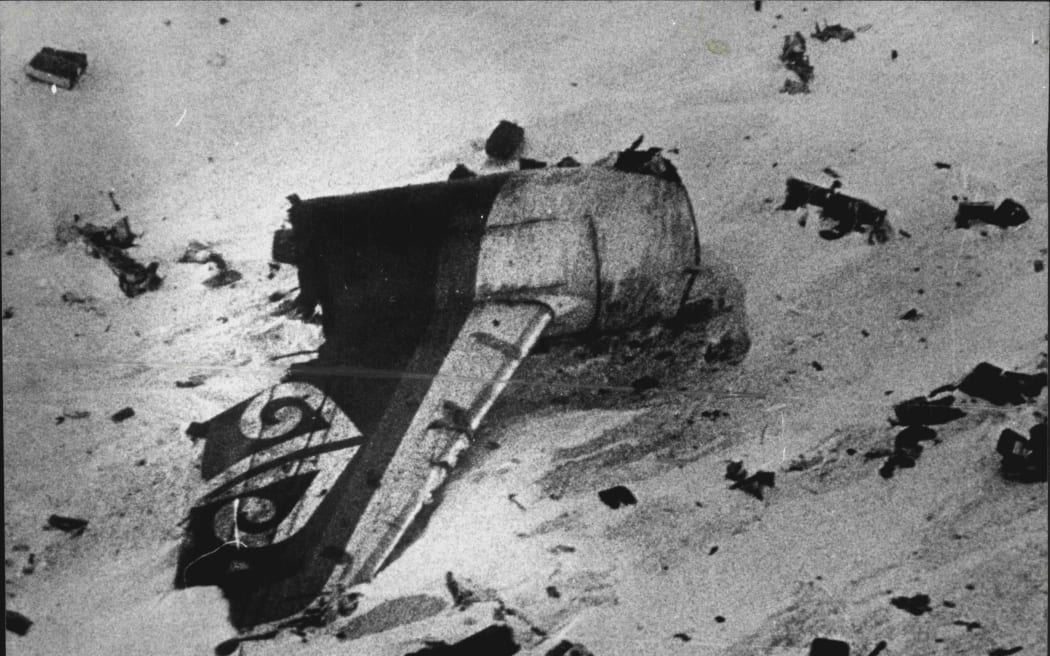 The koru on the tail of Air New Zealand Flight TE901 at the site of the Mount Erebus crash. Photo...