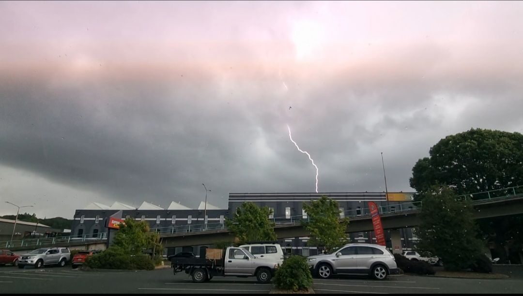 Lightning strikes above Vogel St in Dunedin. Photo: Alicia Southee