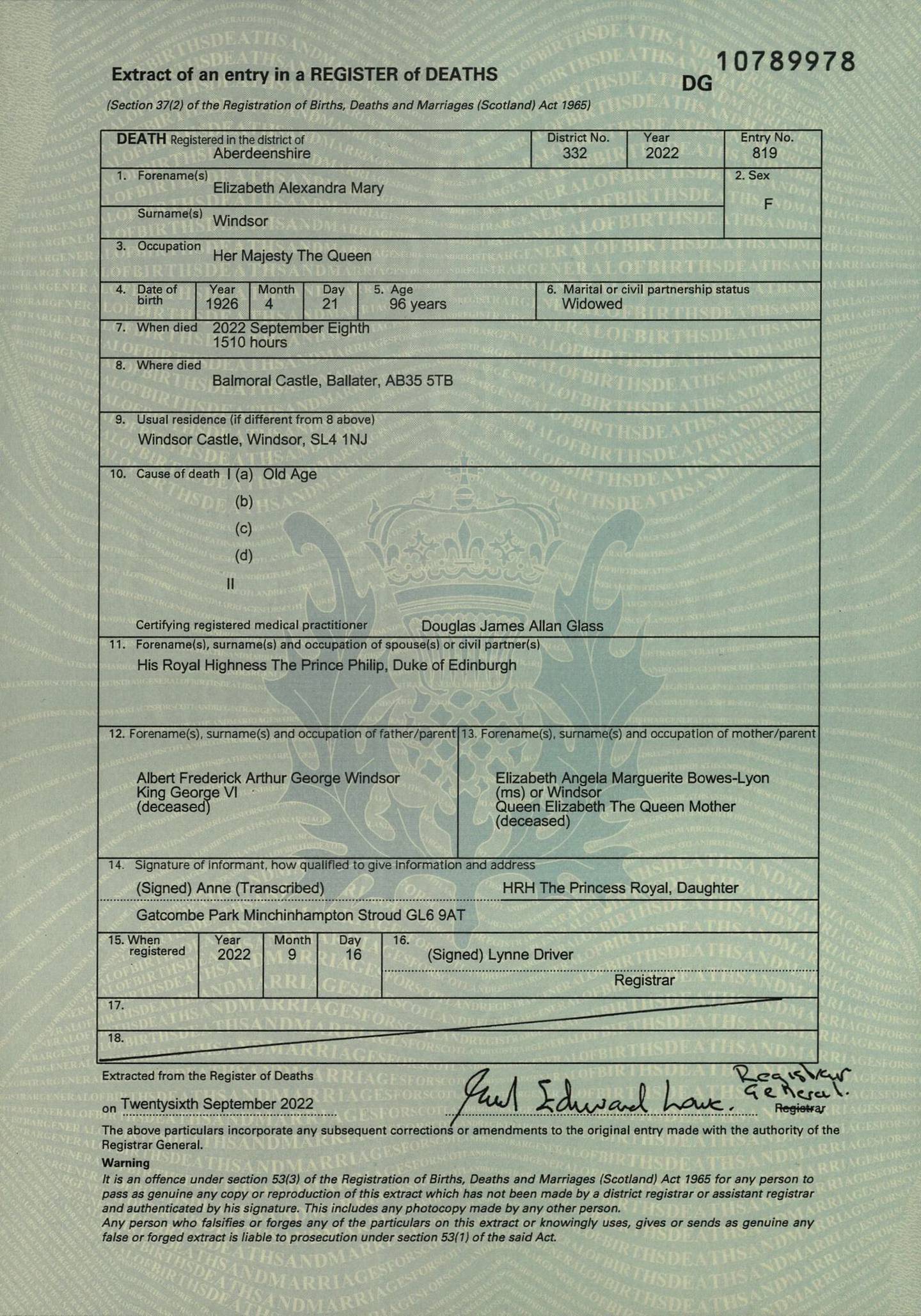 Part of the Queen's death certificate. Photo: National Records of Scotland