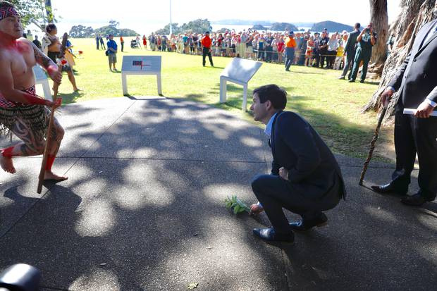 Clarke Gayford accepts the challenge as the Government is welcomed to Waitangi. Photo: NZ Herald 