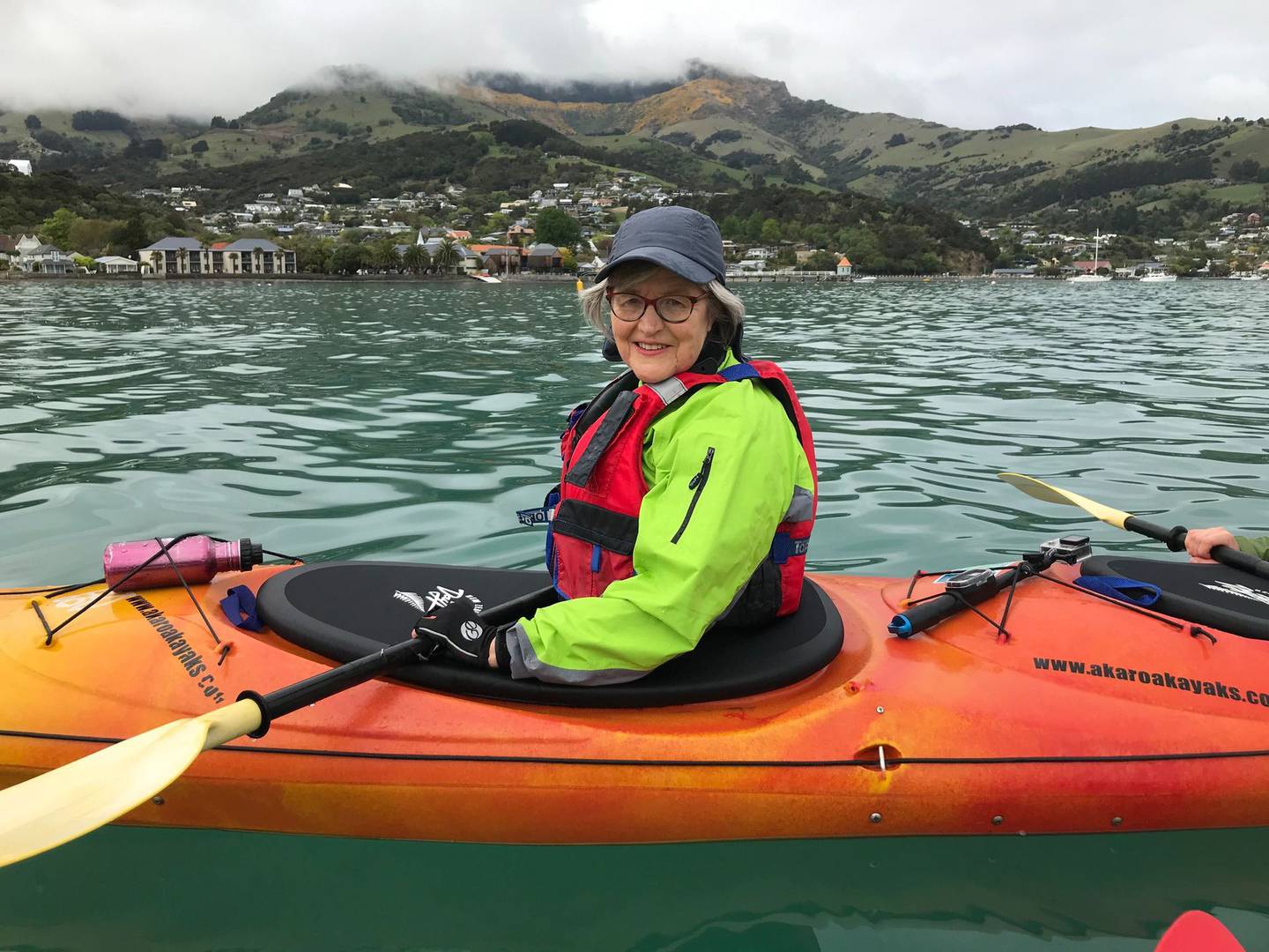 Eugenie Sage kayaking on Akaroa Harbour. Photo: Supplied via NZH