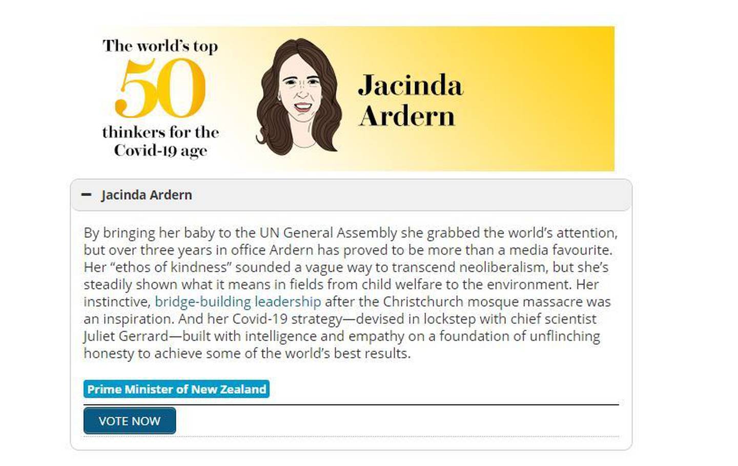 Jacinda Ardern was given glowing praise. Photo: Prospect