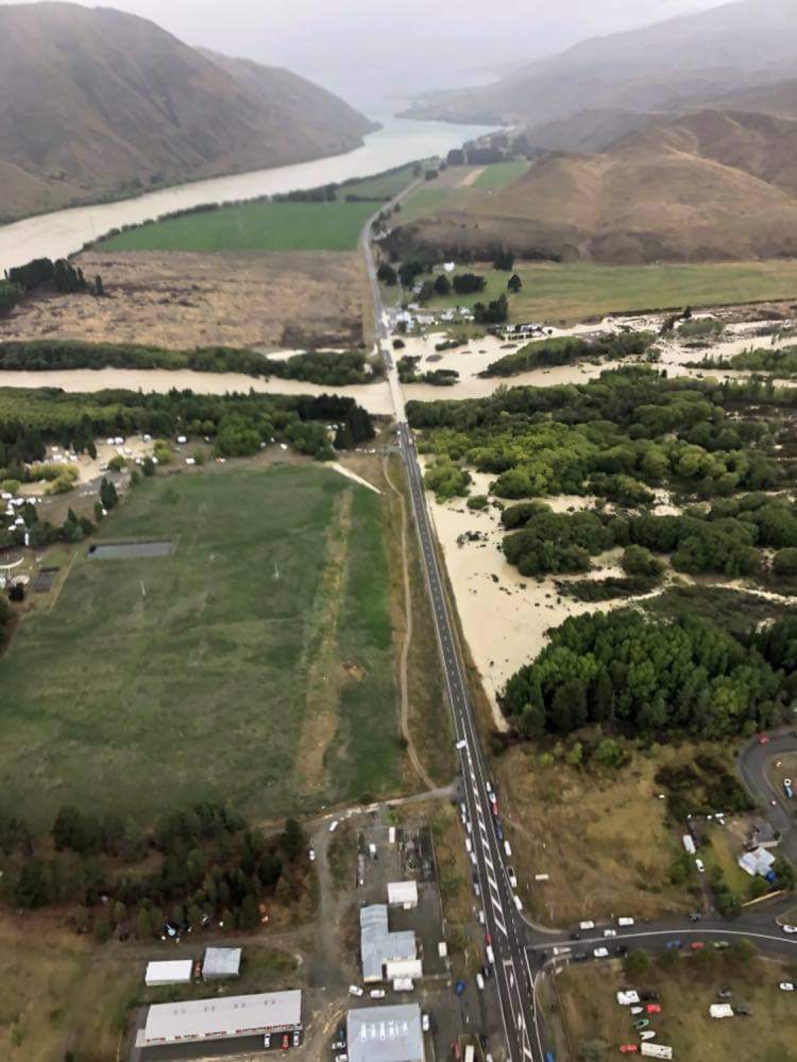 Flooding at Otematata, where the Waitaki and Otematata Rivers meet. Photo: Heliventures