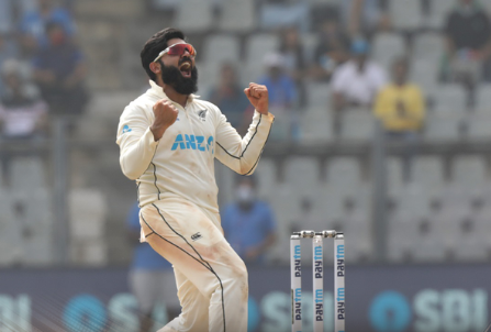 Ajaz Patel celebrates taking 10 wickets against India in the second test. Photo: Twitter