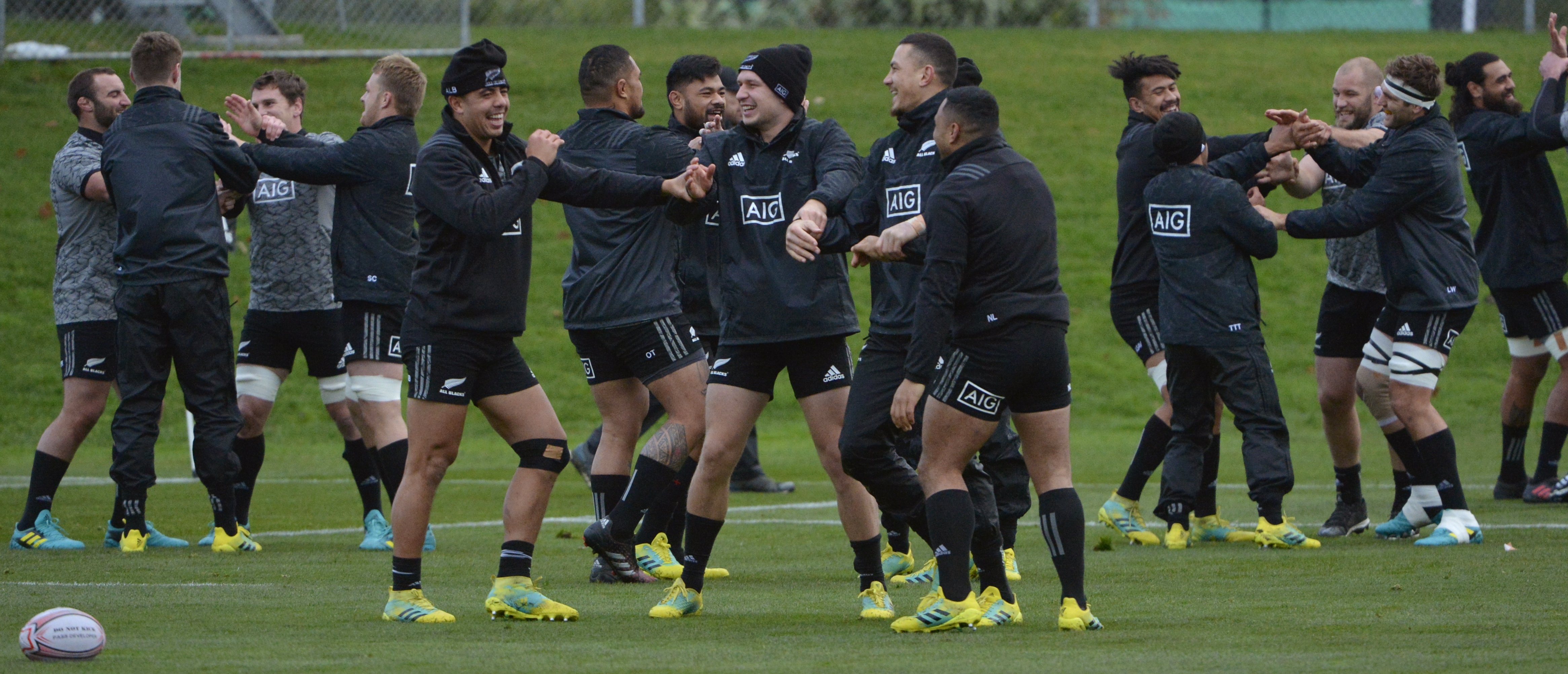 The All Blacks enjoy a lighter moment during training at the University Oval in Dunedin yesterday...