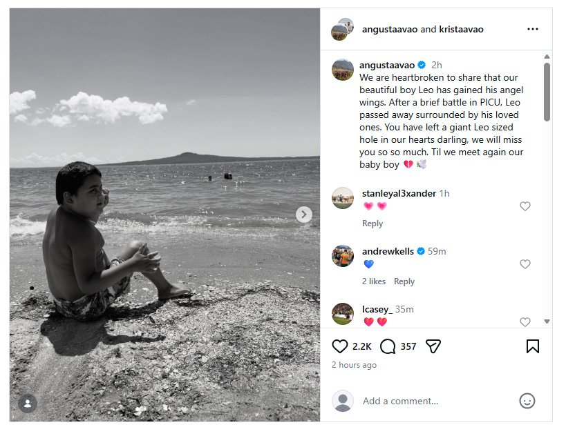 The announcement by Angus Ta’avao of the death of his "beautiful boy" Leo.

