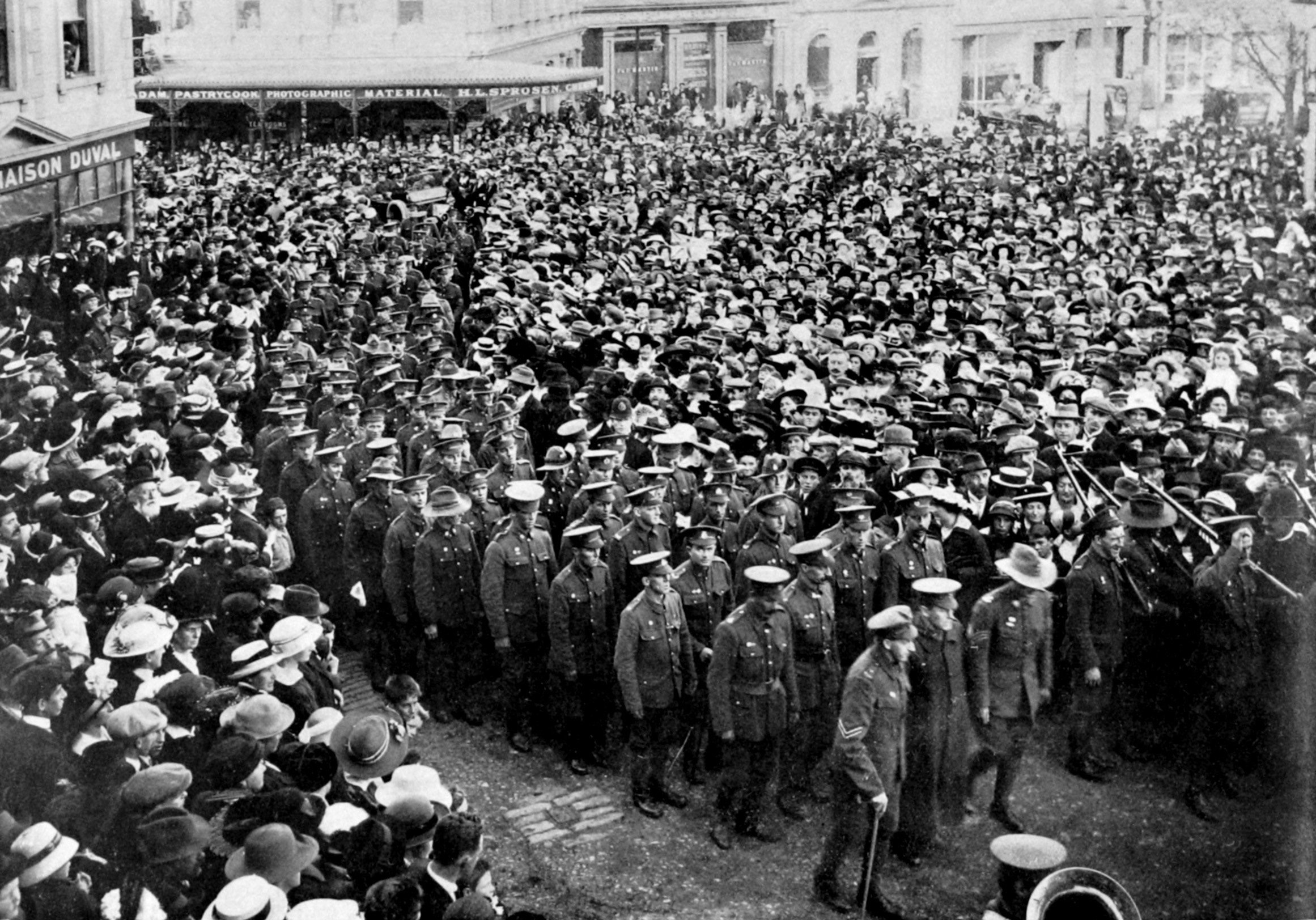 First Anzac Day commemoration in Dunedin: returned servicemen enter the Octagon after the...