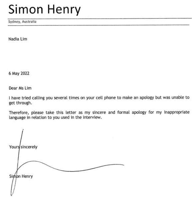 Simon Henry's apology is dated May 6 but Nadia Lim only received it last night. Image: Supplied