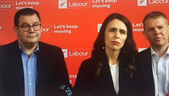 Labour leader Jacinda Ardern (centre) with MPs Grant Robertson (left) and Chris Hipkins. Image:...