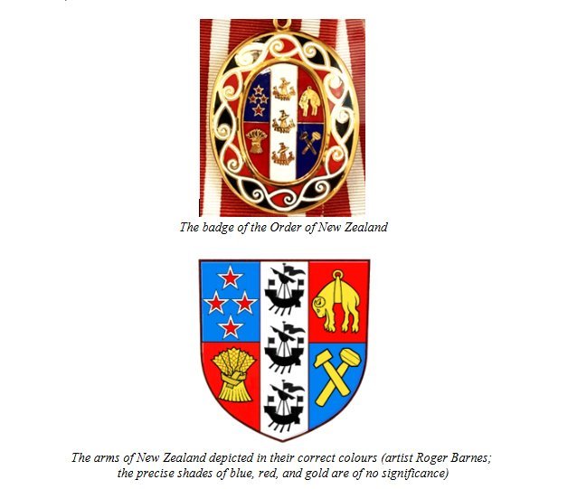 The badge of the Order of New Zealand and the Arms of New Zealand, in the correct colours.