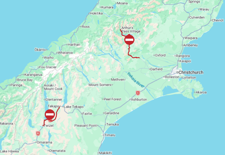 Snow and ice have closed part of SH73 in Canterbury and SH8 in the Mackenzie Basin. Map: NZTA...