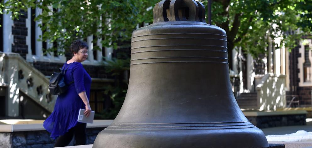 The bell was installed in the courtyard between the university's clocktower and geology buildings...
