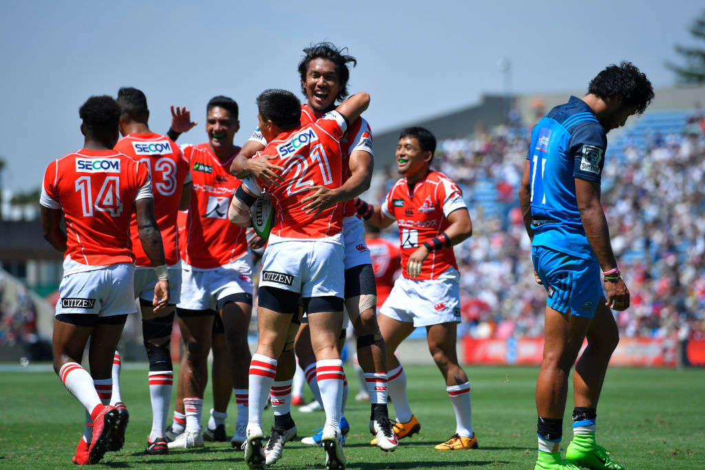 Kaito Shigeno #21 of Sunwolves celebrates scoring a try. Photo: Getty