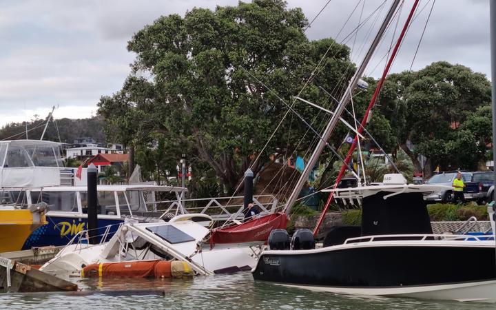Boats were damaged at Tūtūkākā Marina in Far North overnight after strong tidal surges. Photo:...