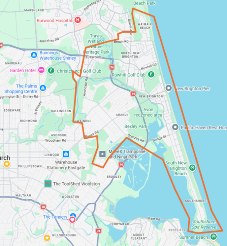 The Christchurch City Council says areas within the orange lines are affected. Image: supplied