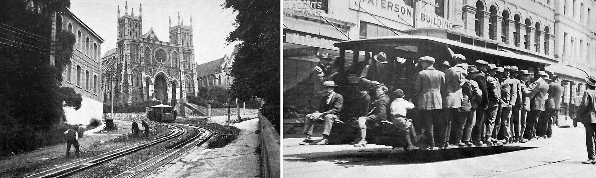Workers in Rattray St below St Joseph's Cathedral replace a curve on the Roslyn cable car line...