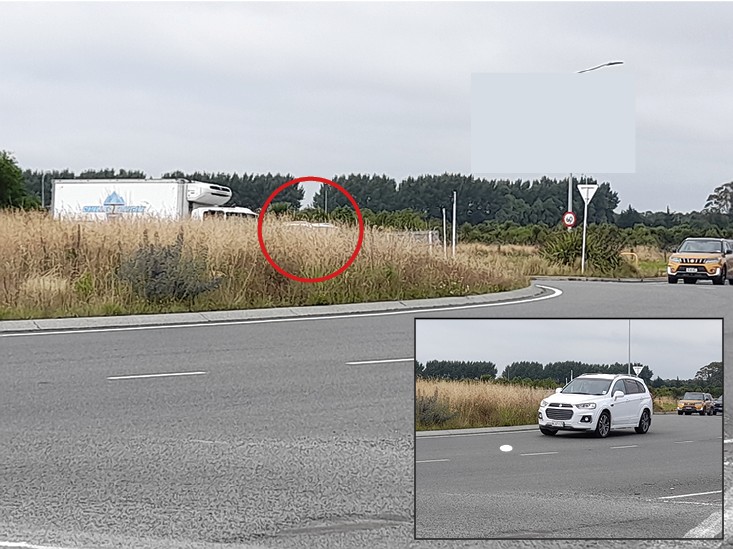 The overgrown roundabout obscures this Holden Captiva (inset) before it rounds the bend. PHOTOS:...