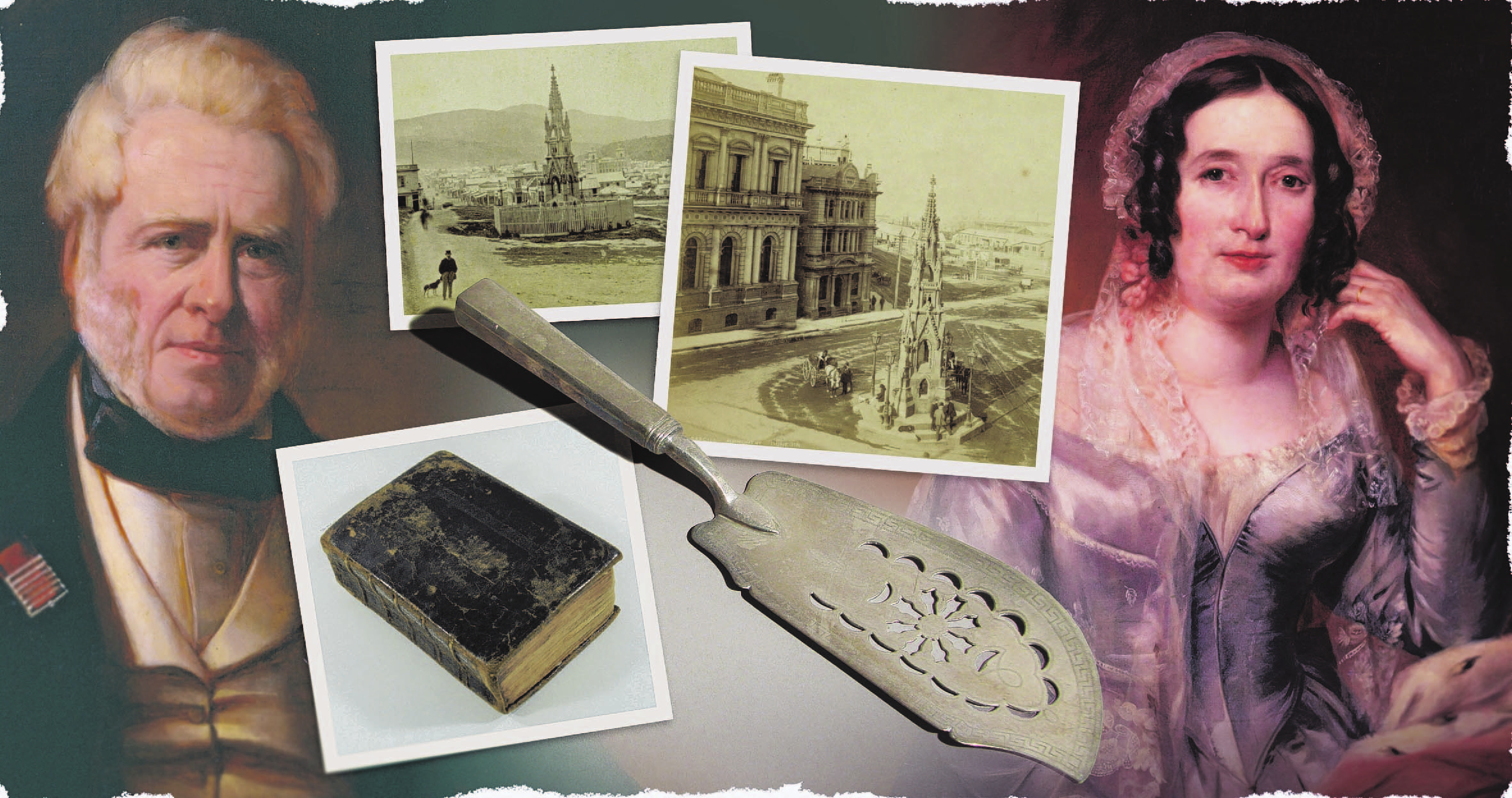 Clockwise from left: Portrait of Captain Cargill; the Cargill Monument in its original Octagon...