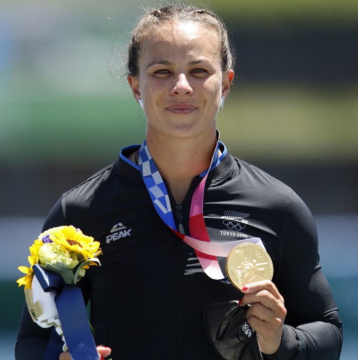 Lisa Carrington with her gold medal after she won the K1 2oo final today. Photo: Getty