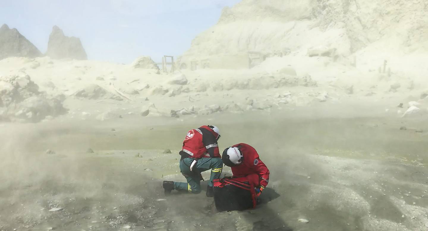 Westpac Rescue Helicopter crew on White Island. Photo: Auckland Rescue Helictoper Trust