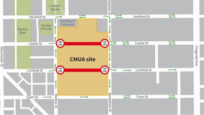 This map shows the changed traffic flows around the Canterbury Multi-Use Arena site. Image:...