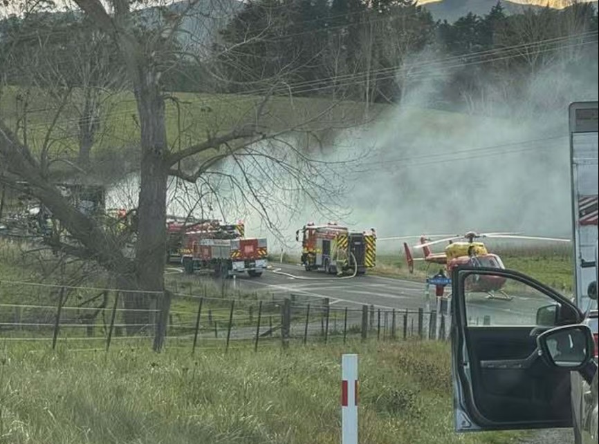 Emergency services at the crash scene on Parnassus Rd (SH1. Photo: Supplied