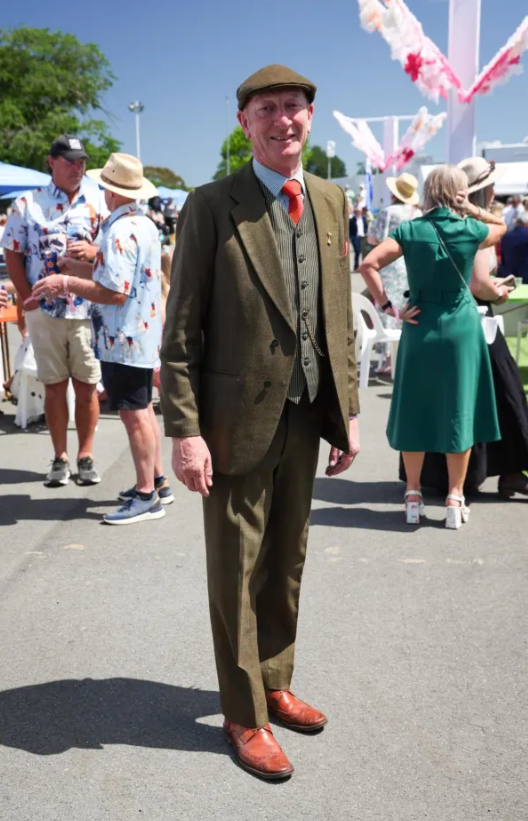 Fraser Darling makes the trip up from Outram, Otago most years. He op shopped the suit about 15...