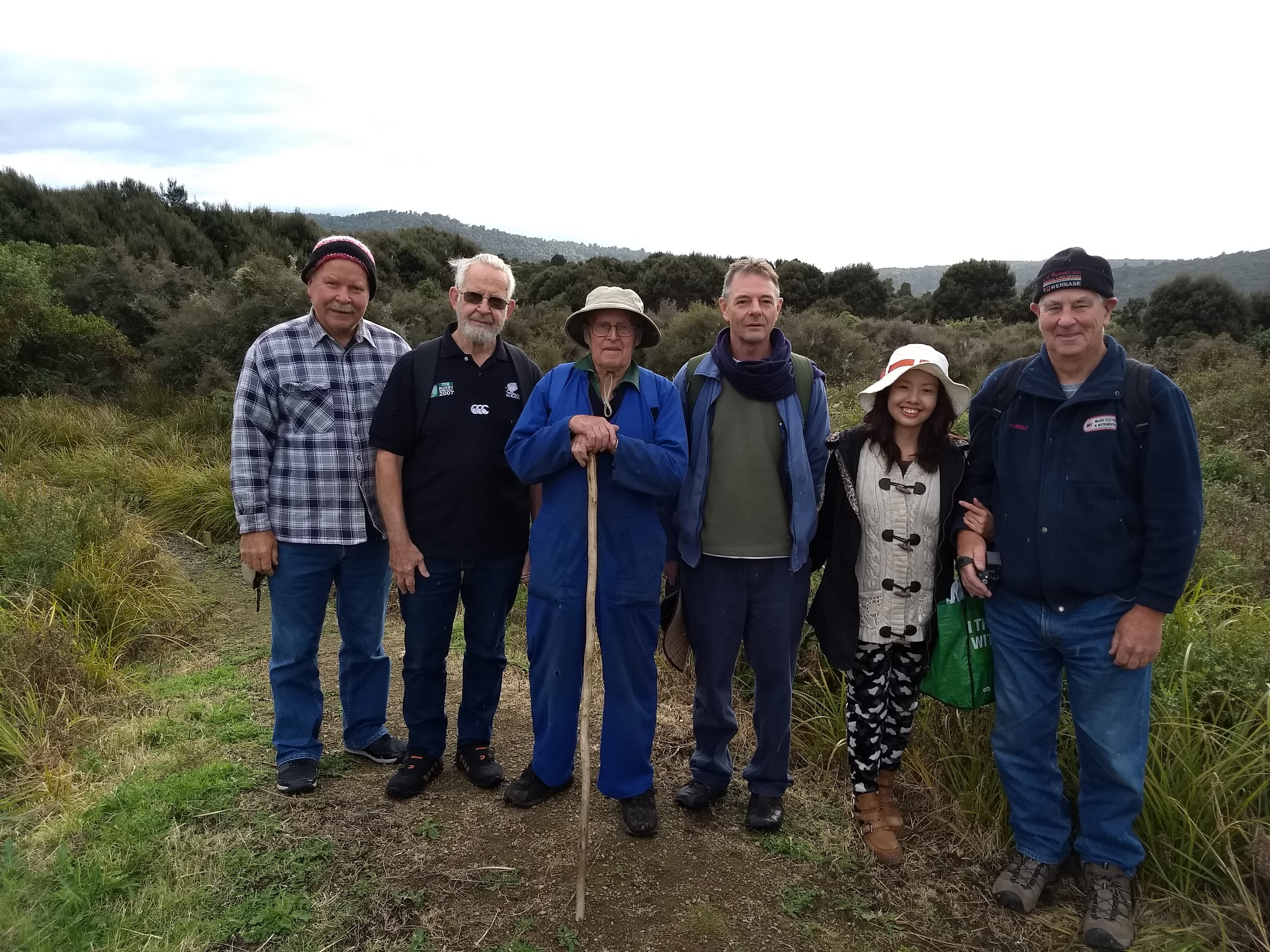 Pictured are visitors Danny O'Reilly, Ian Roberts, Catlins historian and guide Don Jenks, Greg...