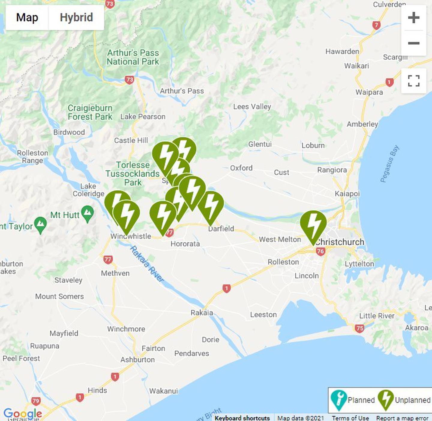 Power outages across Canterbury. Image: Orion